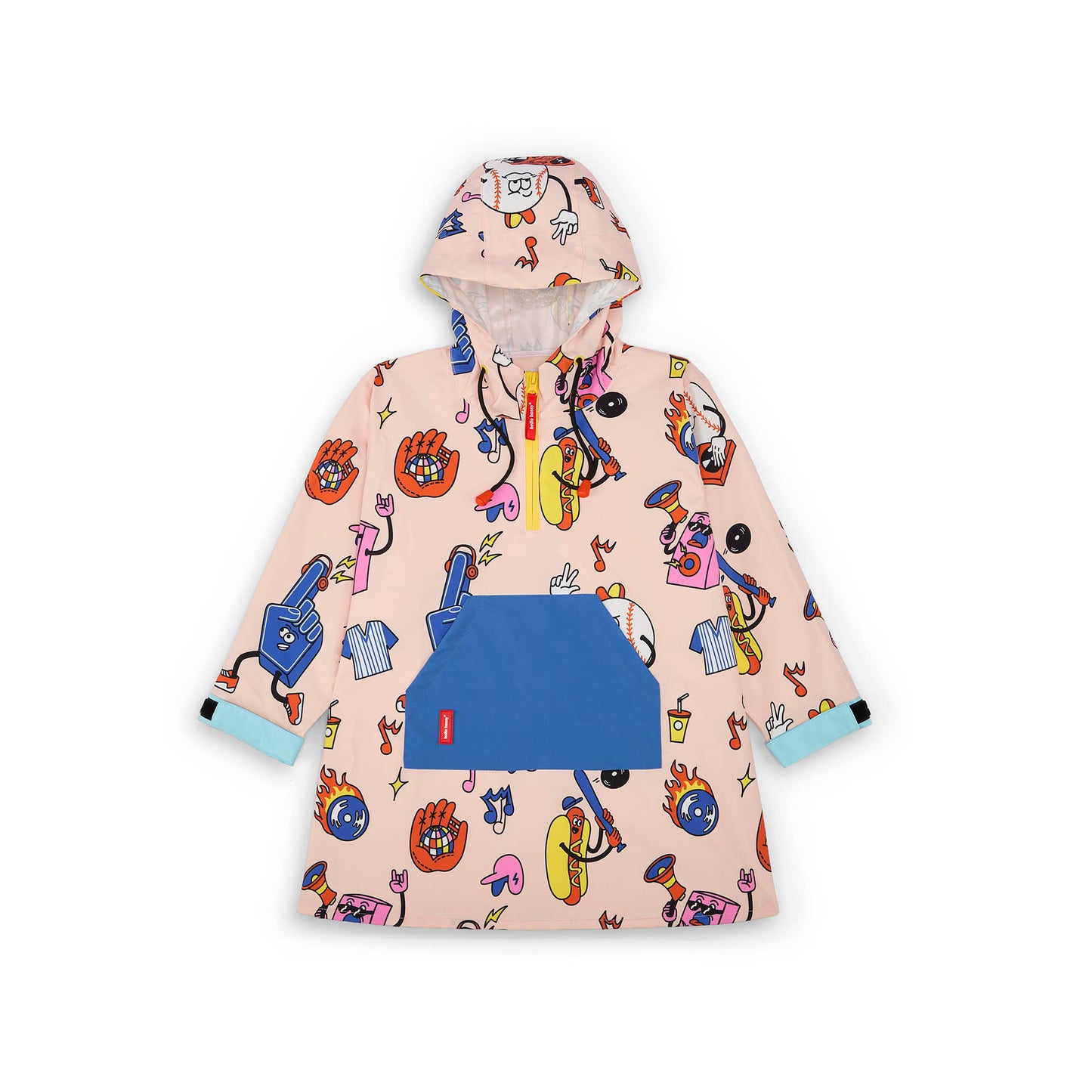Poncho impermeable infantil rosa estampado de colores, bolsillo azul Hello Hossy