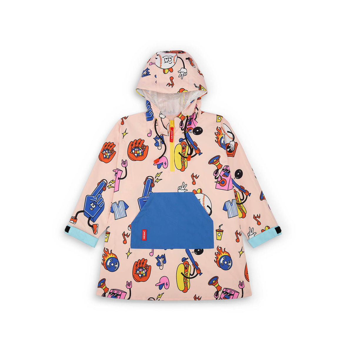 Poncho impermeable infantil rosa estampado de colores, bolsillo azul Hello Hossy