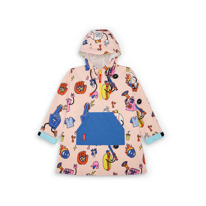 Poncho impermeable infantil rosa estampado de colores, bolsillo azul Hello Hossy