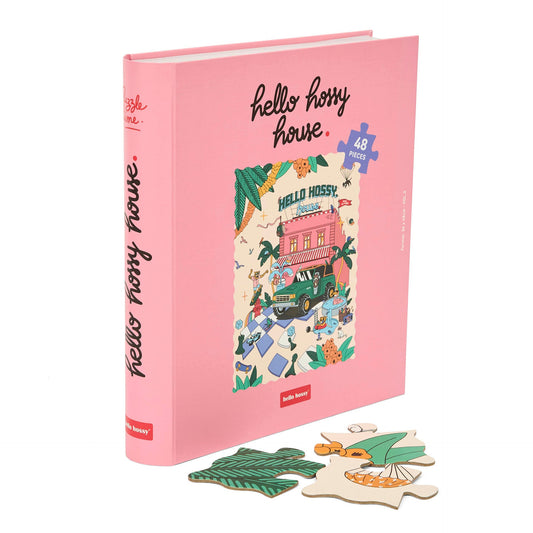 Puzzle pour enfant Hello Hossy au format livre – 36 pièces – dos illustré avec message de marque – vue avant
