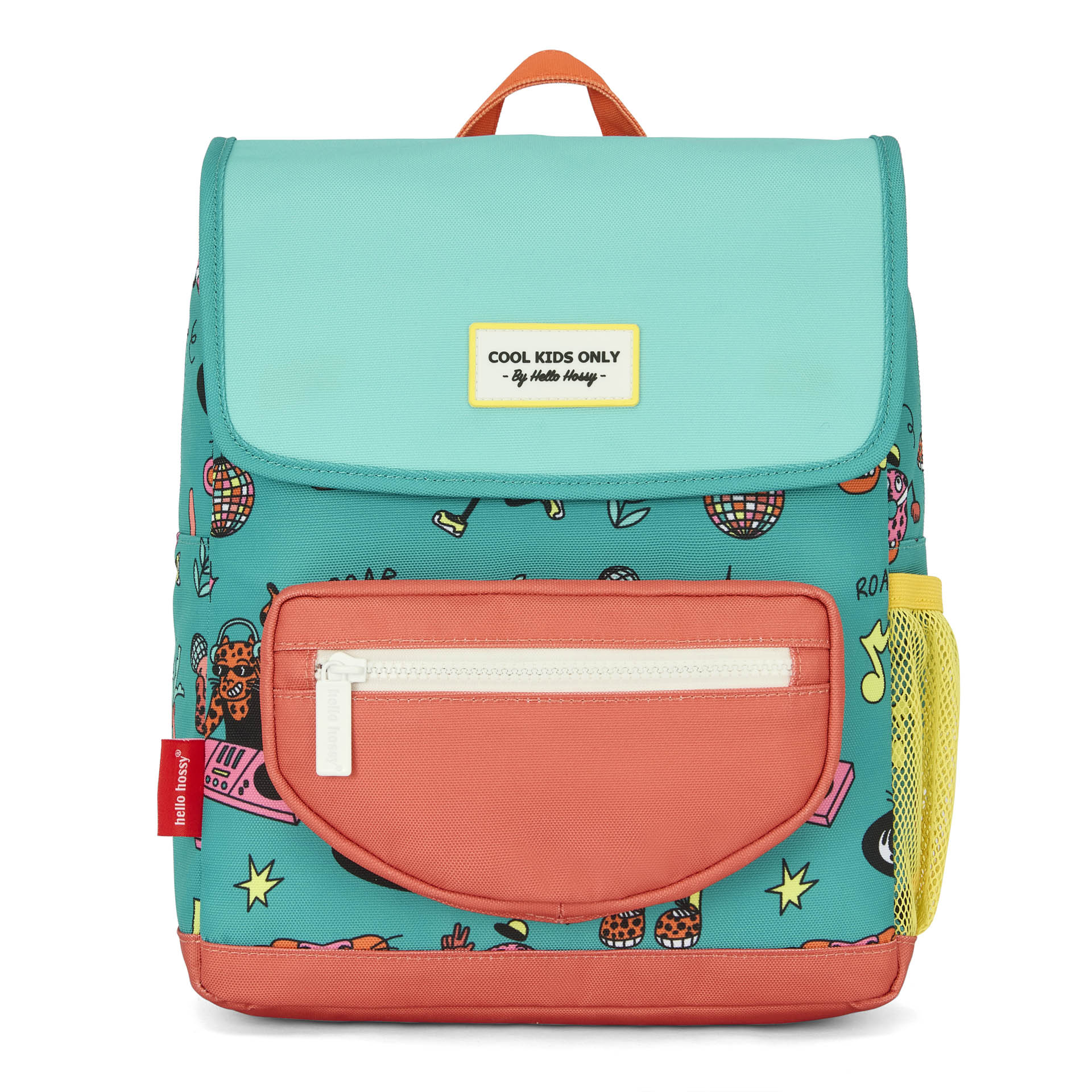 Mochila infantil verde coral motivo animales bolsillo amarillo Hello Hossy