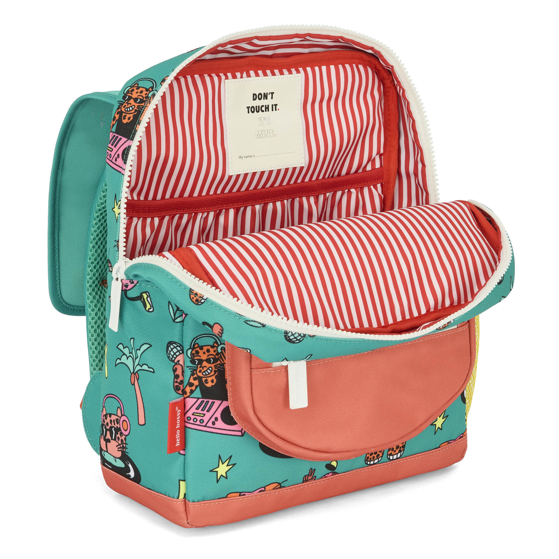 Mochila infantil verde coral motivo animales interior a rayas Hello Hossy