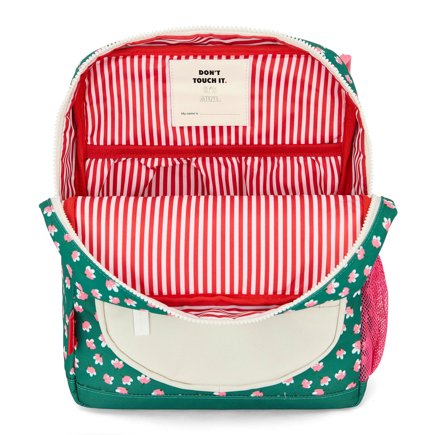 Mochila infantil verde motivo flores forro a rayas Hello Hossy