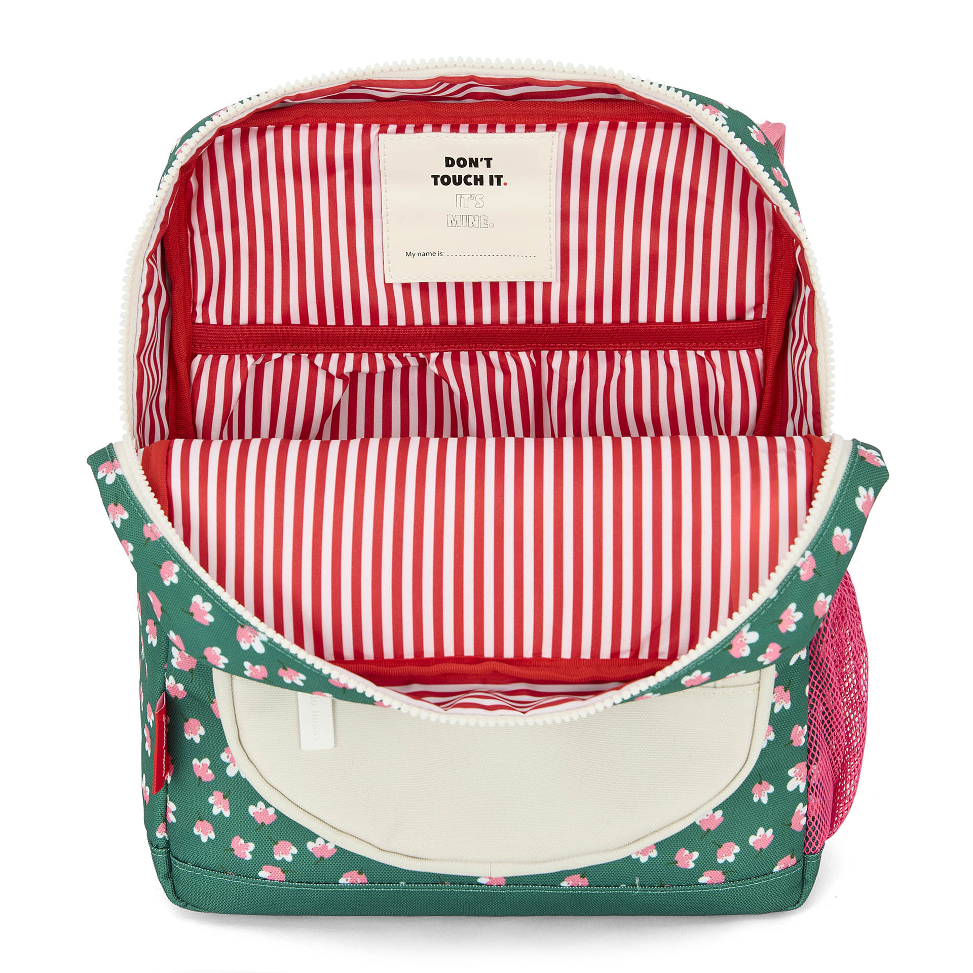Mochila infantil verde motivo flores forro a rayas Hello Hossy