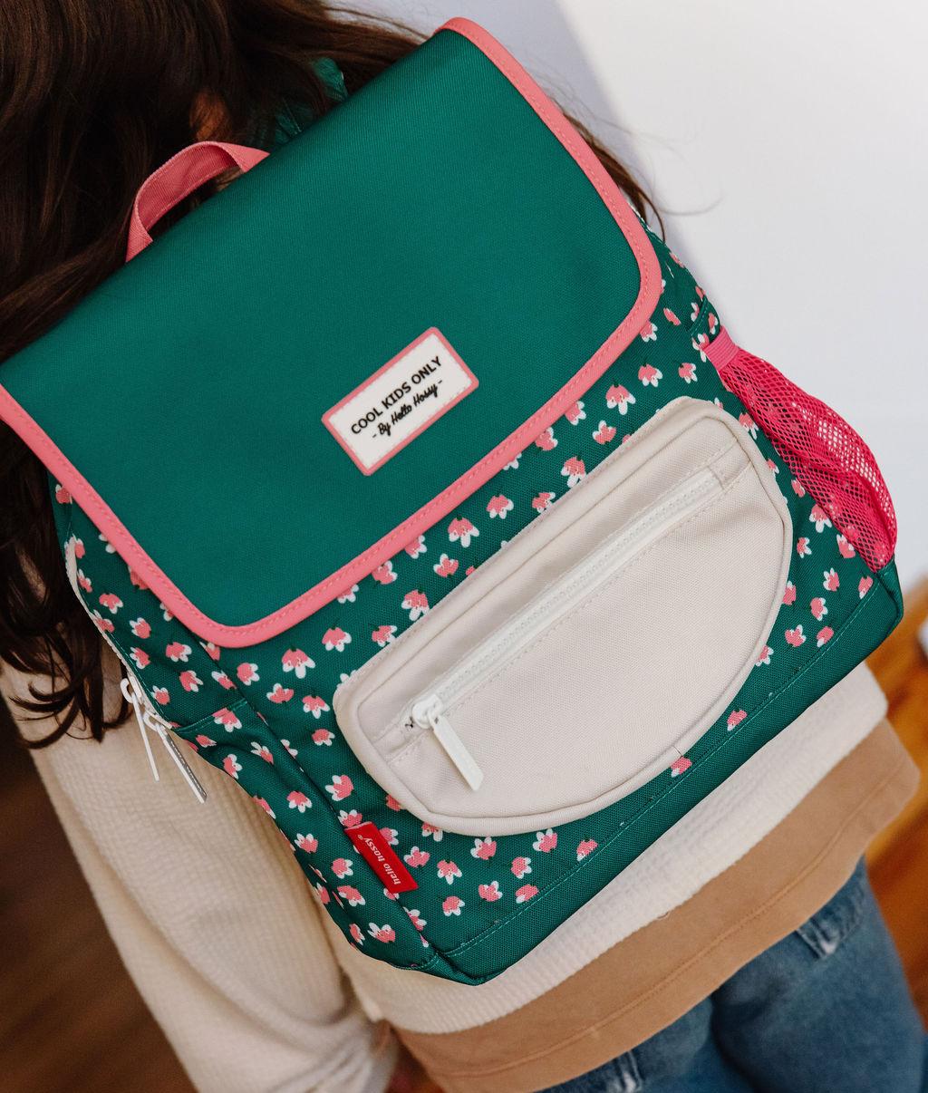 Mochila infantil verde estampado flores rosas bolsillo crema Hello Hossy