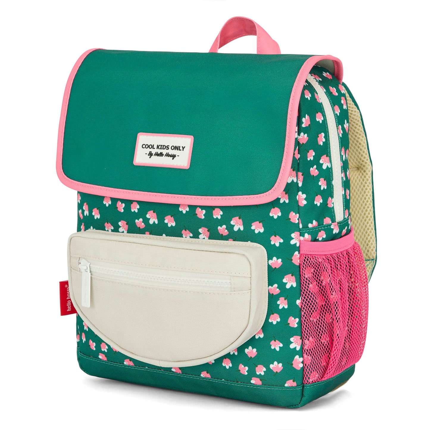 Mochila infantil verde estampado flores Rosas bolsillos Blancos Hello Hossy