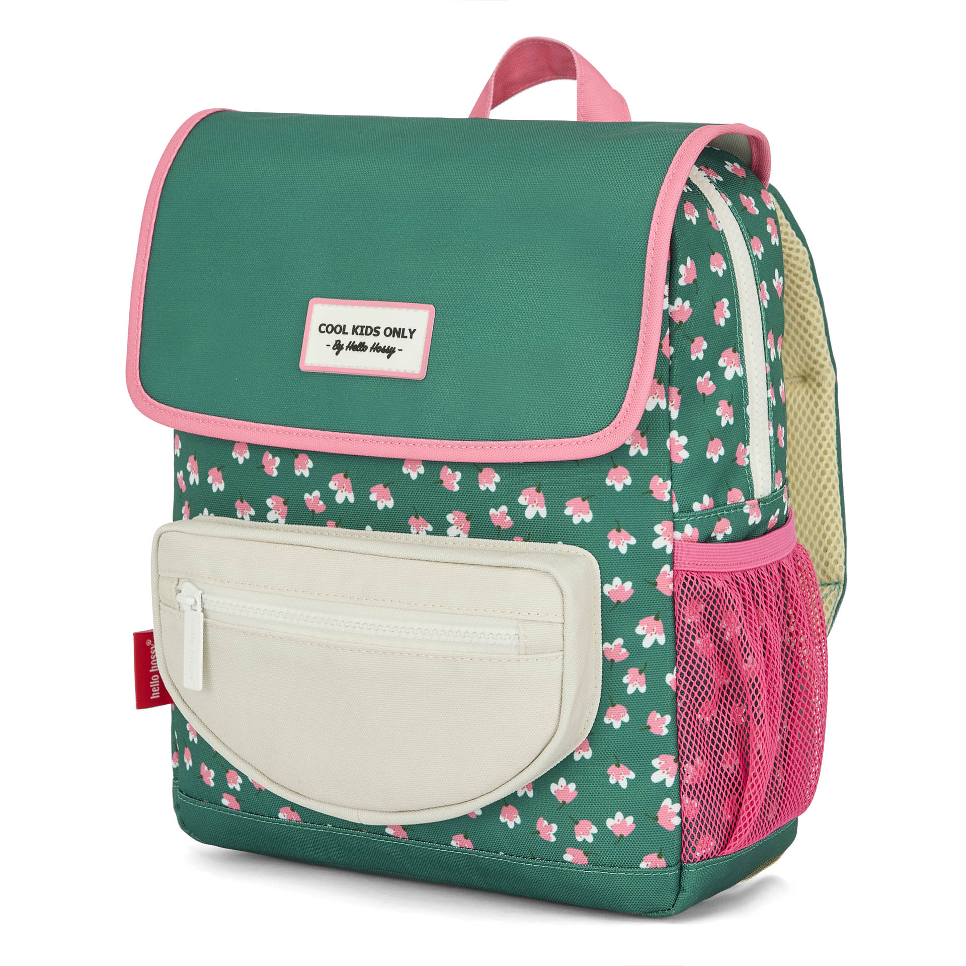Mochila infantil verde estampado flores Rosas bolsillos Blancos Hello Hossy