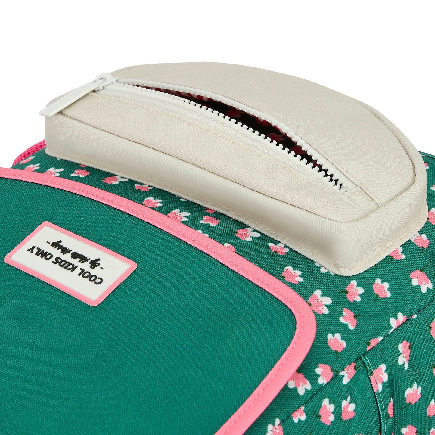 Mochila infantil verde estampado flores rosa bolsillo crema Hello Hossy