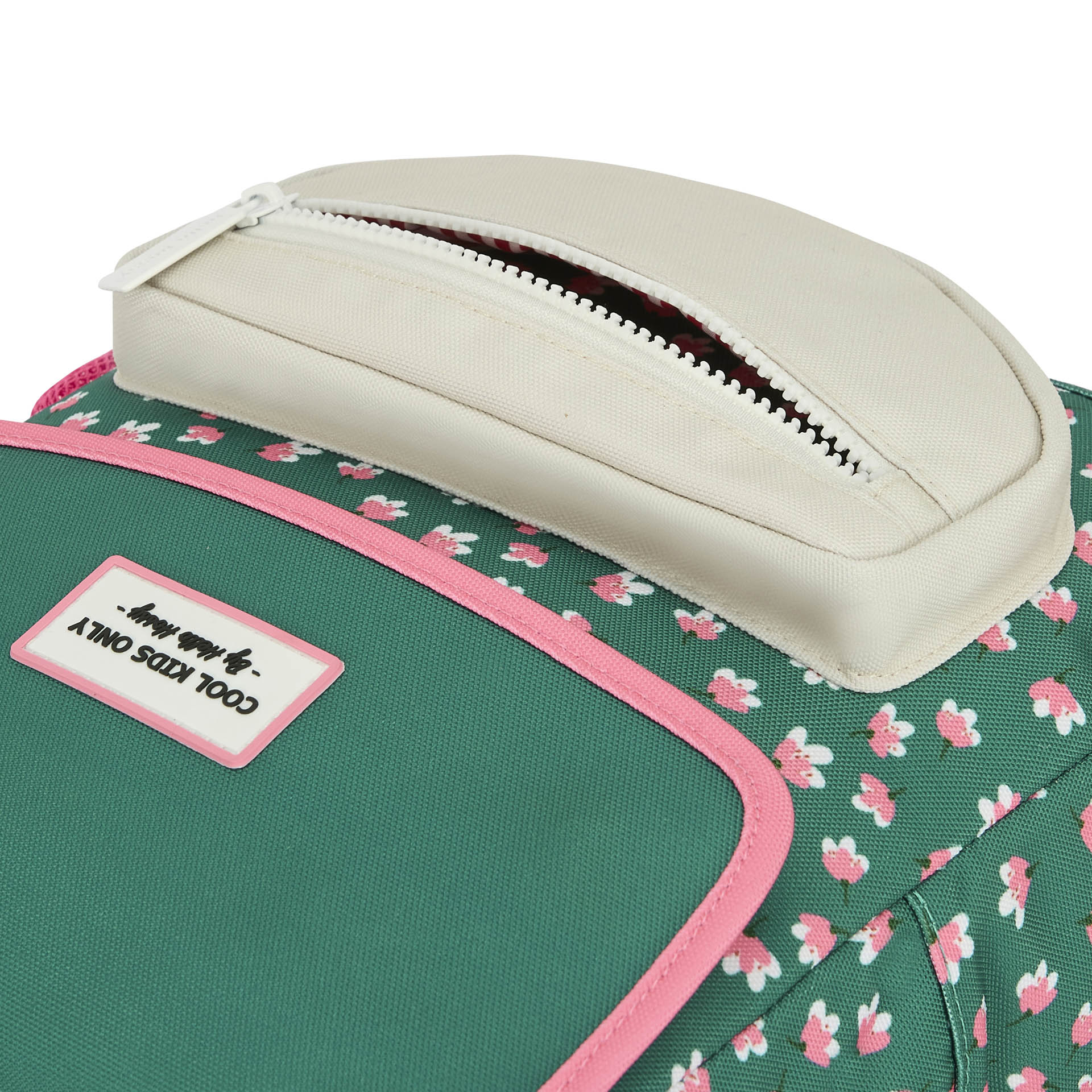 Mochila infantil verde estampado flores rosa bolsillo crema Hello Hossy