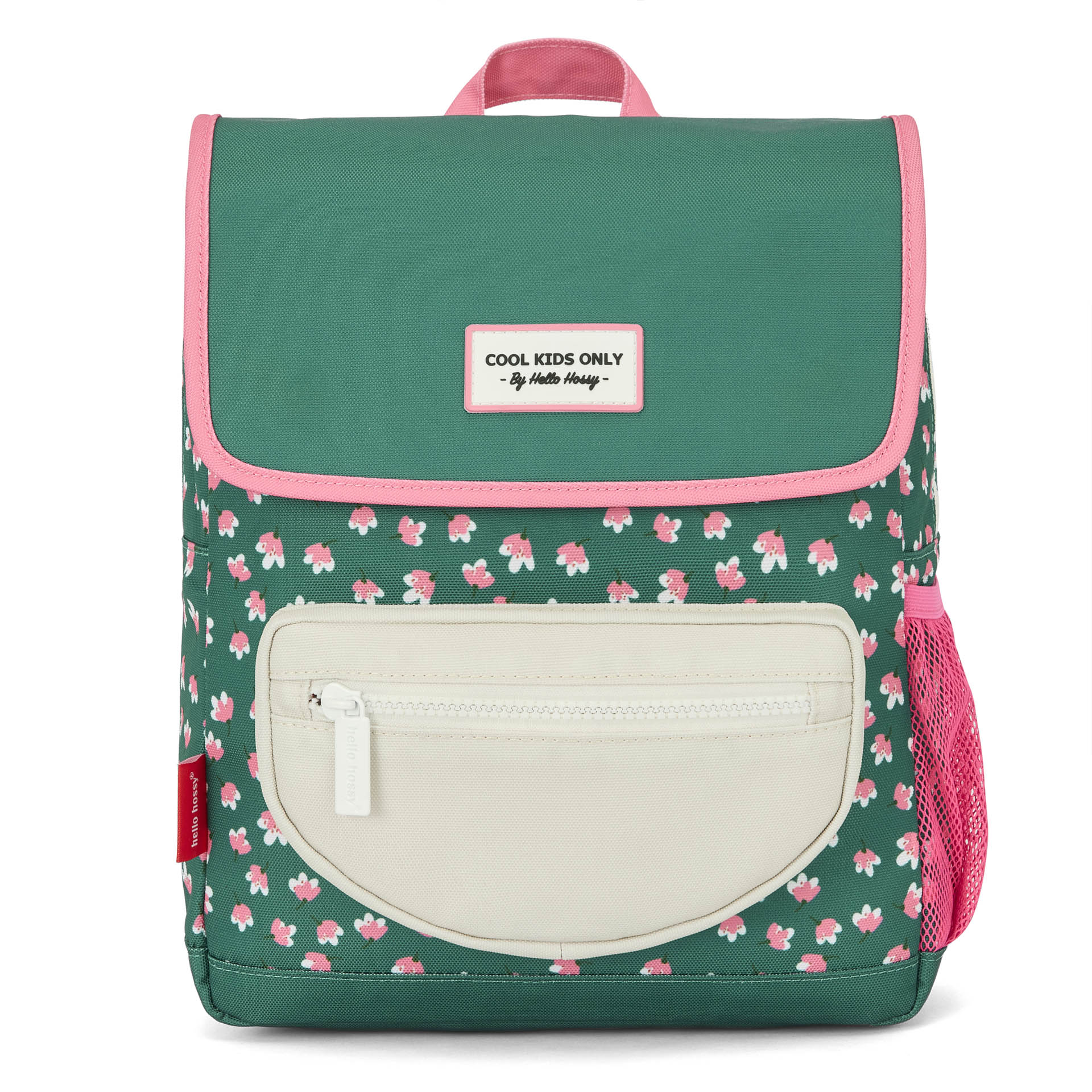 Mochila infantil verde estampado flores rosas bolsillo beige Hello Hossy