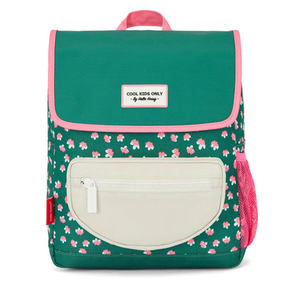 Sac à dos enfant vert imprimé fleurs rose poche beige Hello Hossy