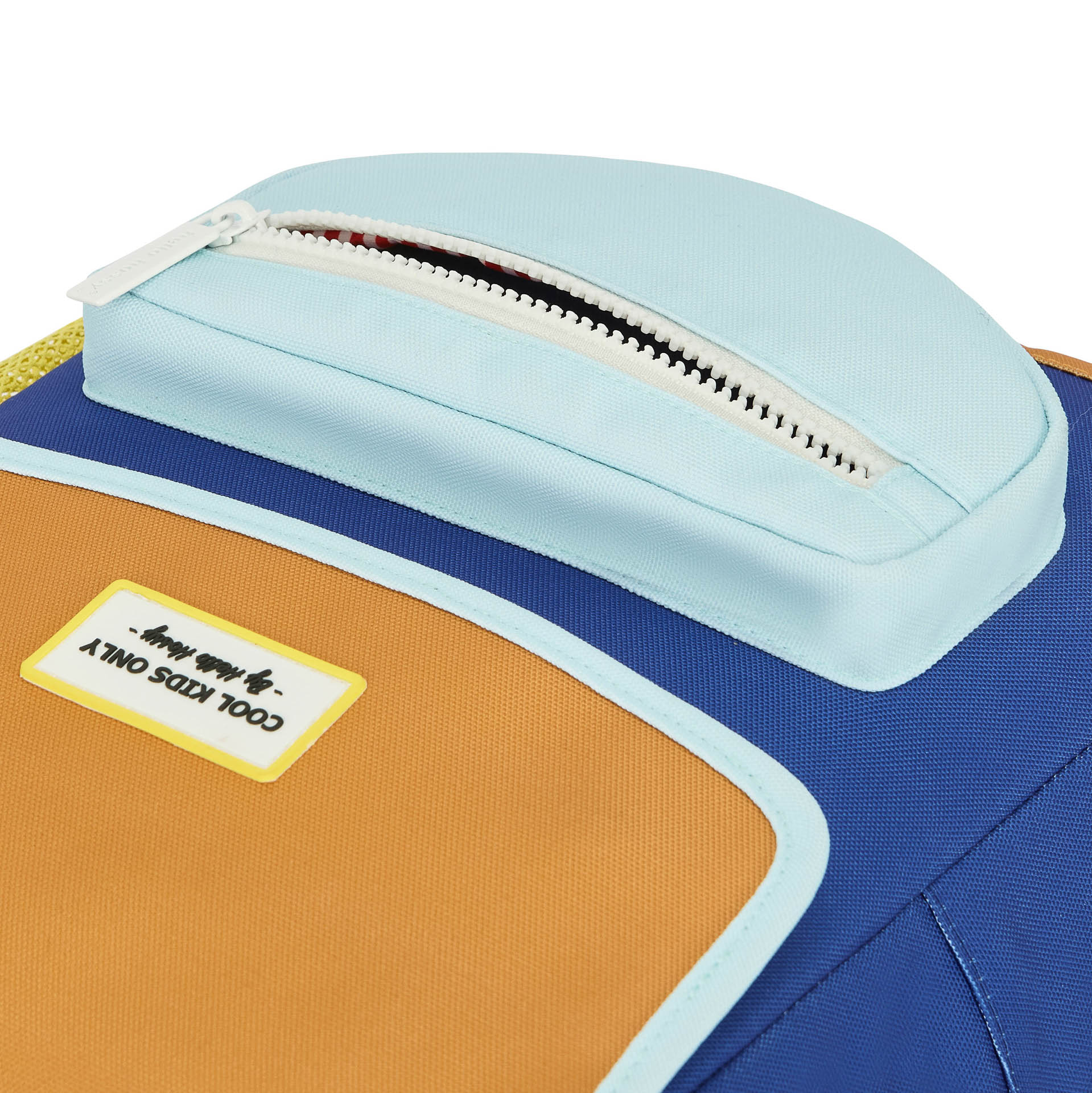 Mochila infantil azul bolsillo delantero cremallera blanco Patch amarillo Hello Hossy