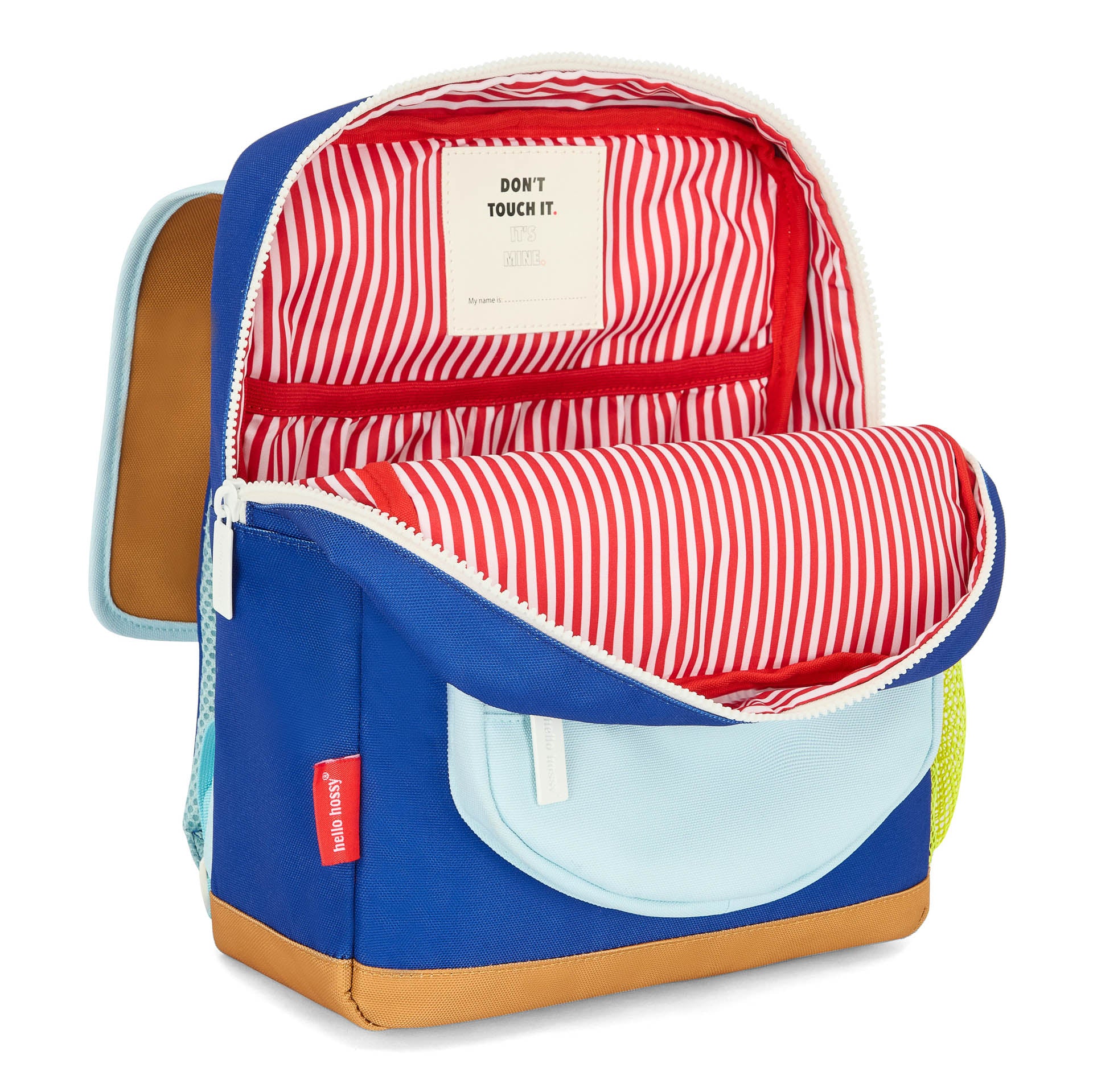 Mochila infantil azul interior a rayas rojo blanco bolsillo delantero Hello Hossy
