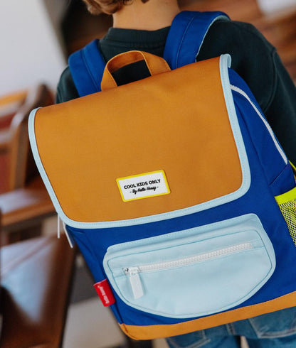 Mochila infantil azul bicolor bolsillo delantero con cremallera Hello Hossy