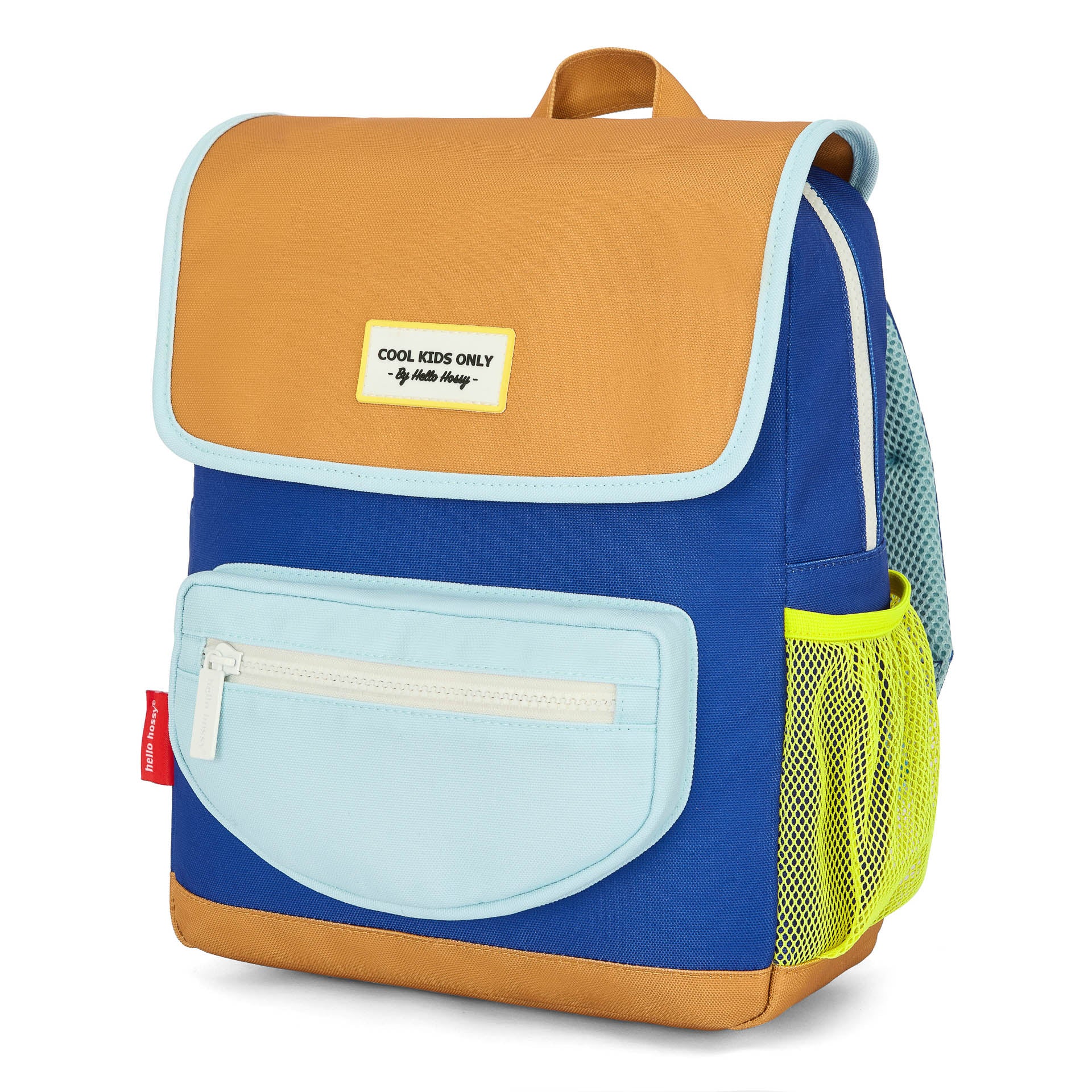 Mochila infantil azul marrón bolsillo delantero de red amarillo Hello Hossy