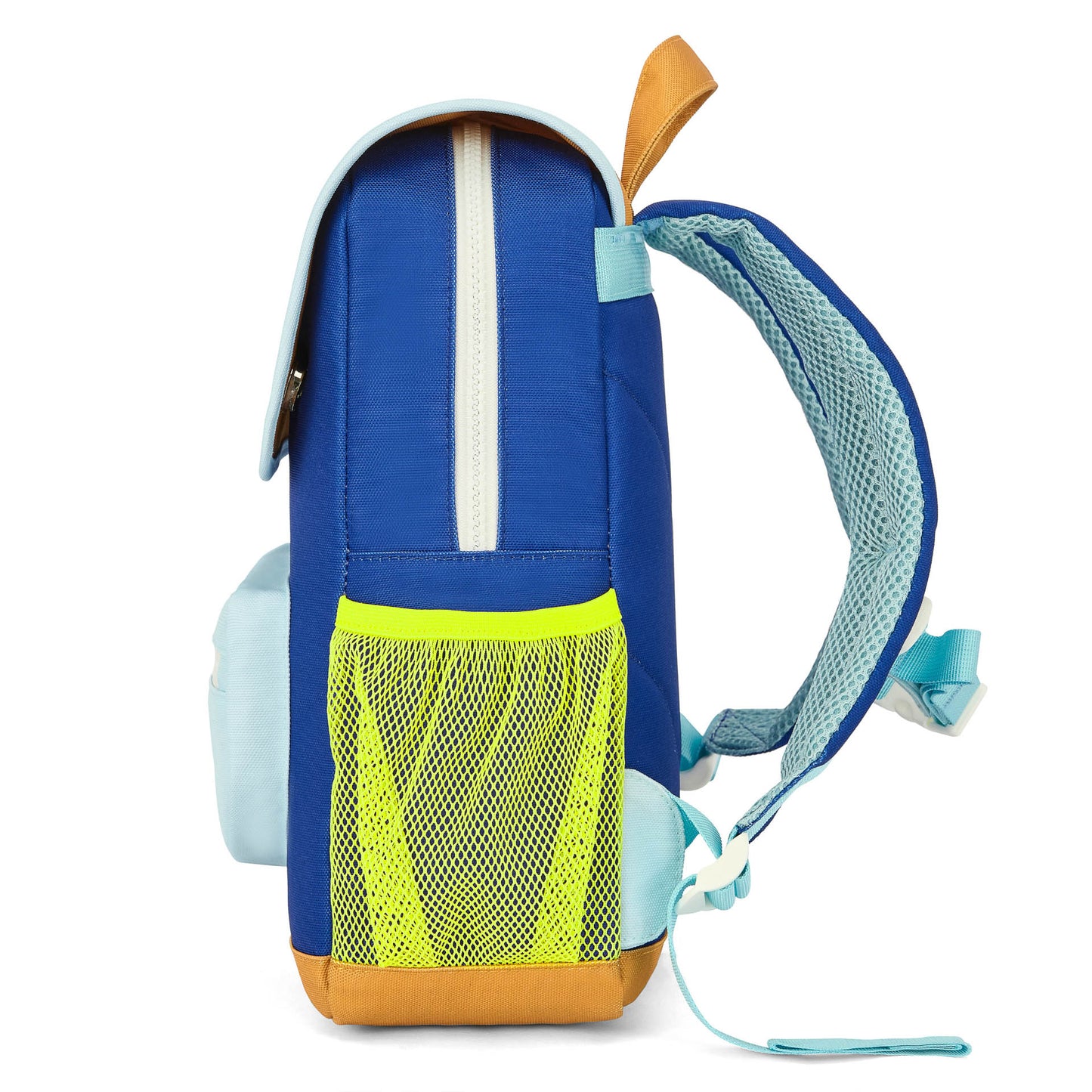 Mochila infantil azul bolsillo de red amarillo tirantes acolchados Hello Hossy