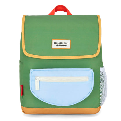 Sac à dos enfant vert poche bleue détail cuir Hello Hossy