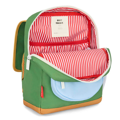 Sac à dos enfant vert poches bleu clair intérieur rayé rouge Hello Hossy