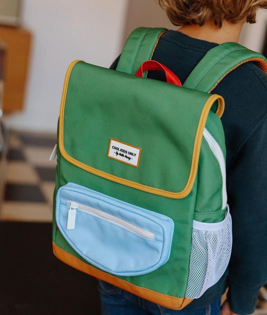 Mochila infantil verde bolsillo azul Hello Hossy