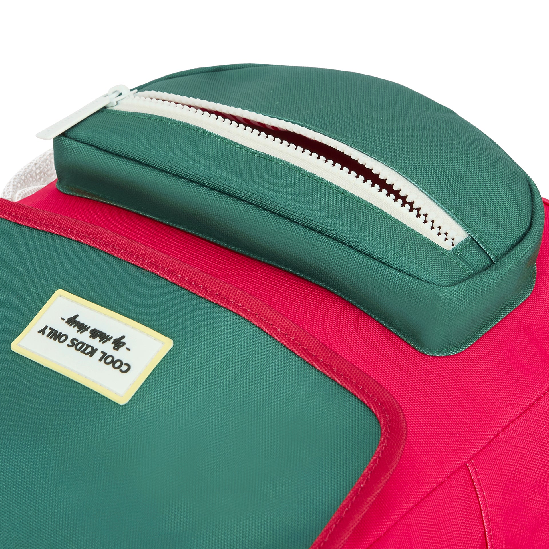 Mochila infantil Framboise detalle verde cremallera blanca Patch texto Hello Hossy