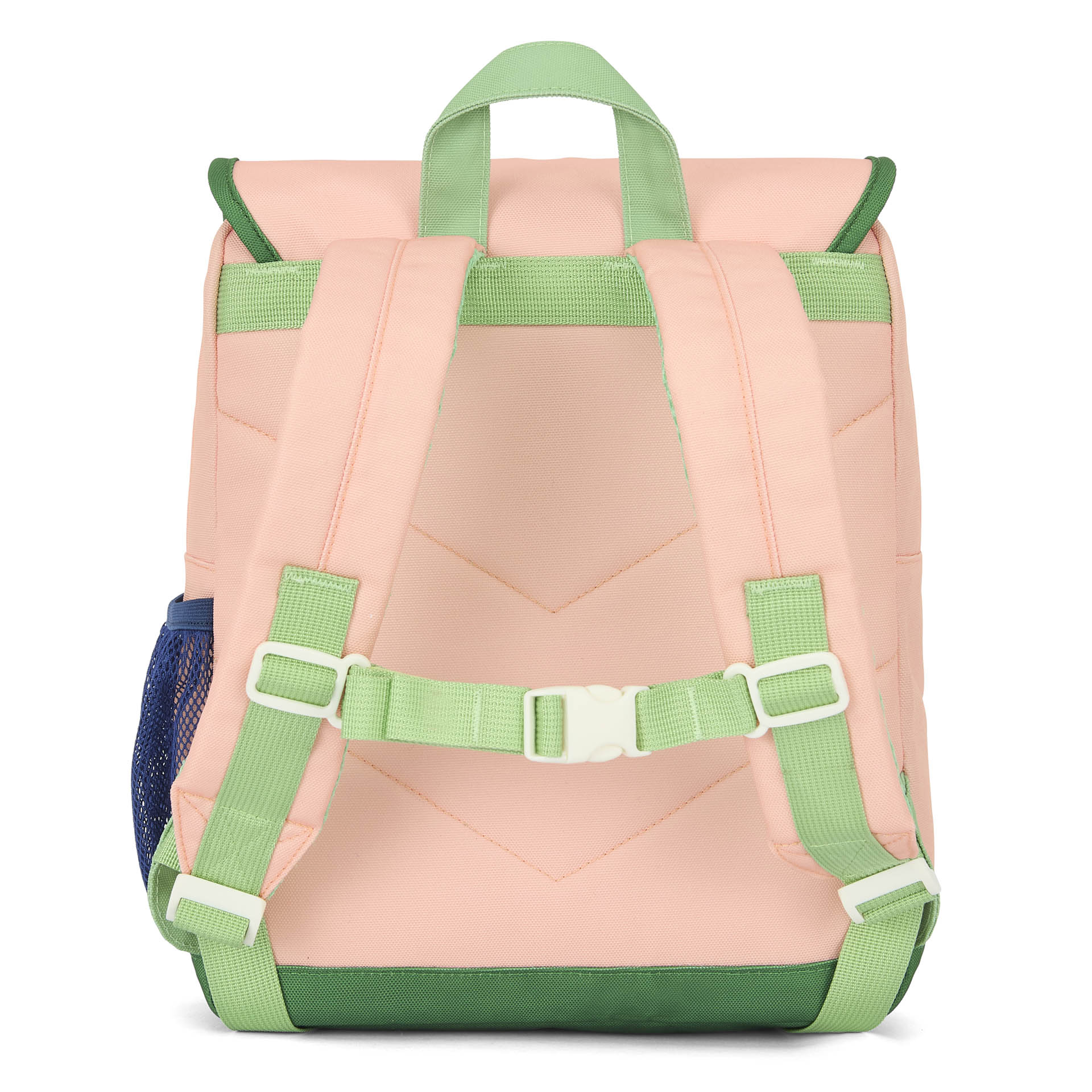 Mochila infantil rosa detalles verdes bolsillo de malla Hello Hossy
