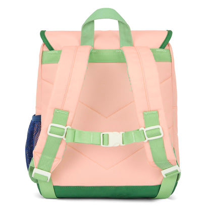 Mochila infantil rosa detalles verdes bolsillo de malla Hello Hossy
