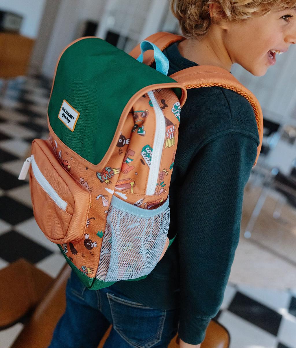 Mochila infantil marrón estampado música bolsillo de red Hello Hossy