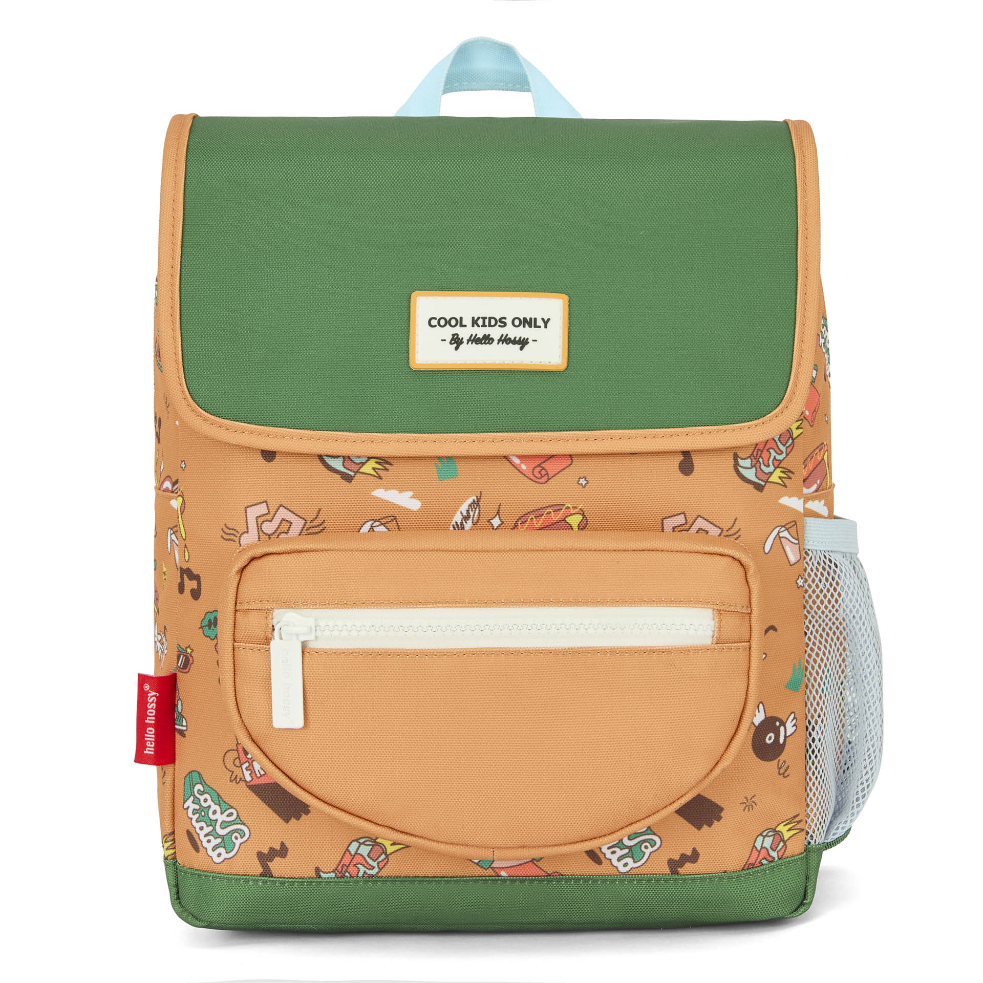 Mochila infantil marrón estampado música bolsillo frontal Hello Hossy
