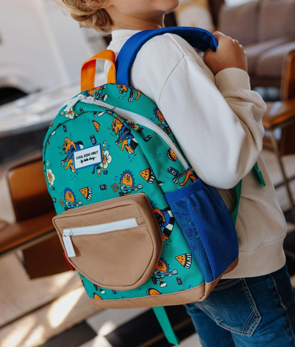 Sac à dos enfant vert motif animaux poche beige Hello Hossy