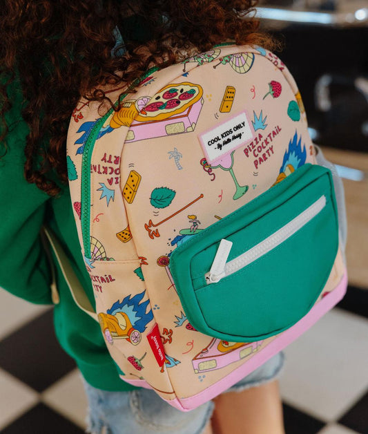 Mochila infantil beige estampado comida bolsillo frontal verde Hello Hossy