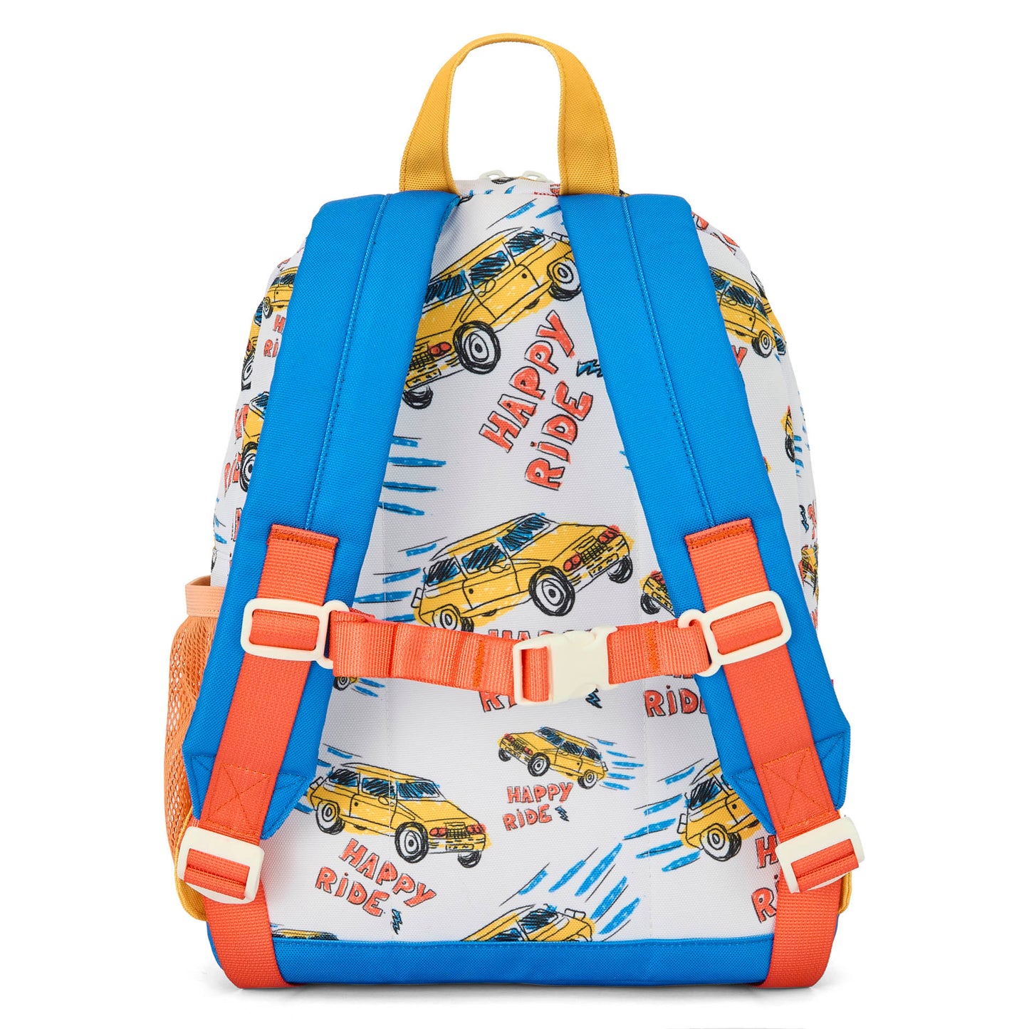 Sac à dos enfant blanc motif voitures bandoulières bleues Hello Hossy