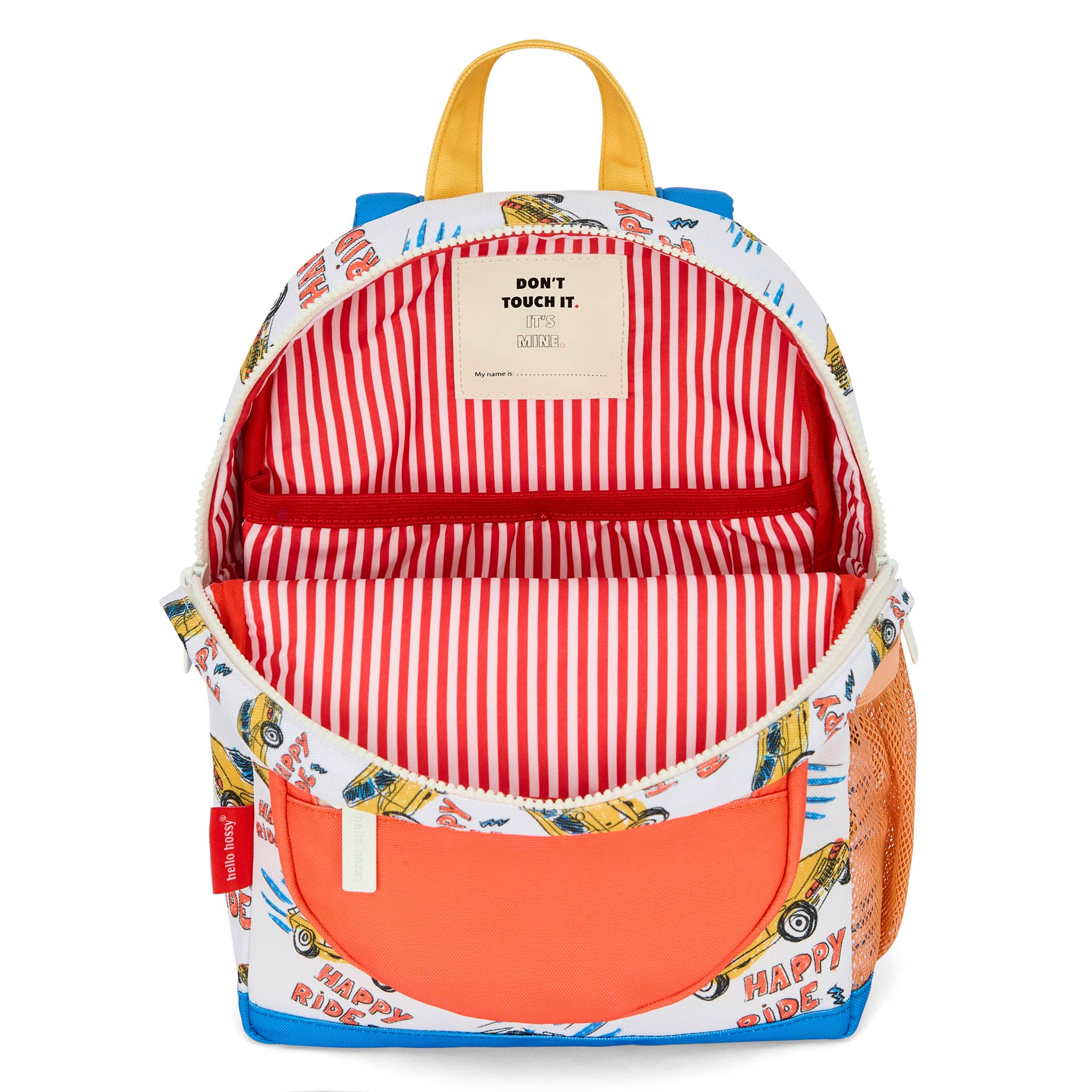 Sac à dos enfant blanc orange motif voitures intérieur rayures Hello Hossy