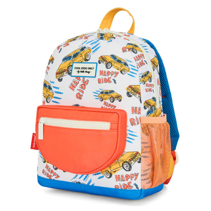 Sac à dos enfant blanc imprimé voitures poche orange Hello Hossy