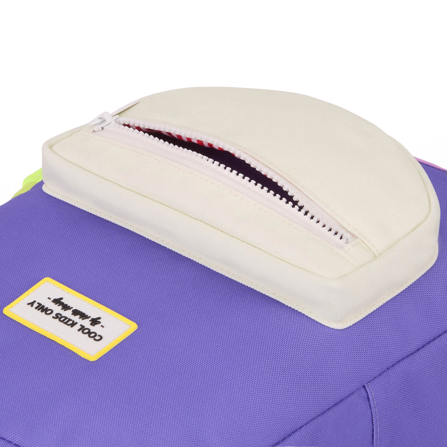 Mochila infantil violeta detalle funda crema Hello Hossy
