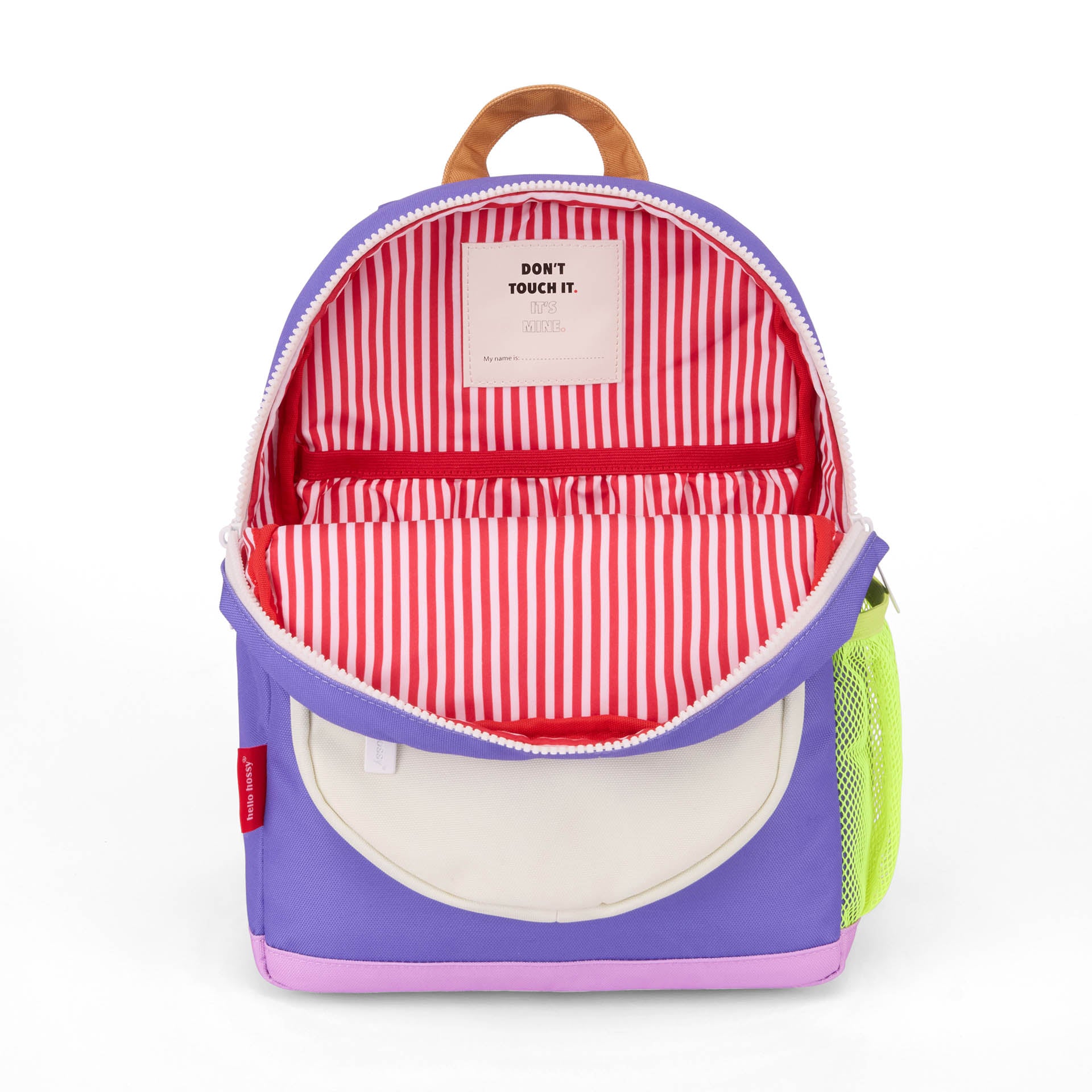Mochila infantil violeta interior a rayas rojo y blanco Hello Hossy