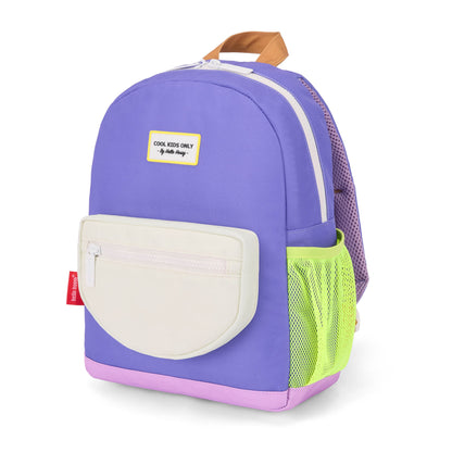 Mochila infantil violeta bolsillo crema detalle verde Hello Hossy