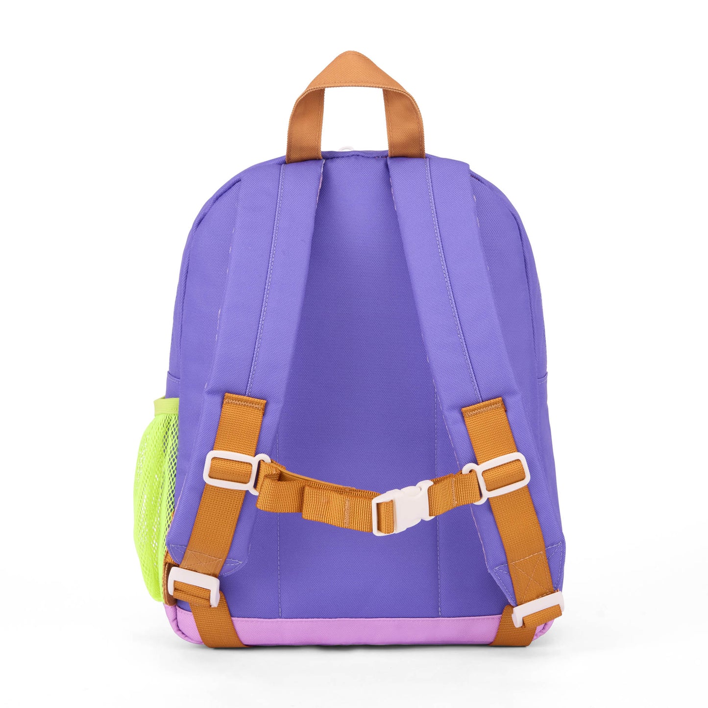 Mochila infantil violeta con bolsillo de malla verde y correas marrón Hello Hossy