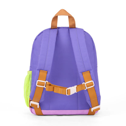 Mochila infantil violeta con bolsillo de malla verde y correas marrón Hello Hossy