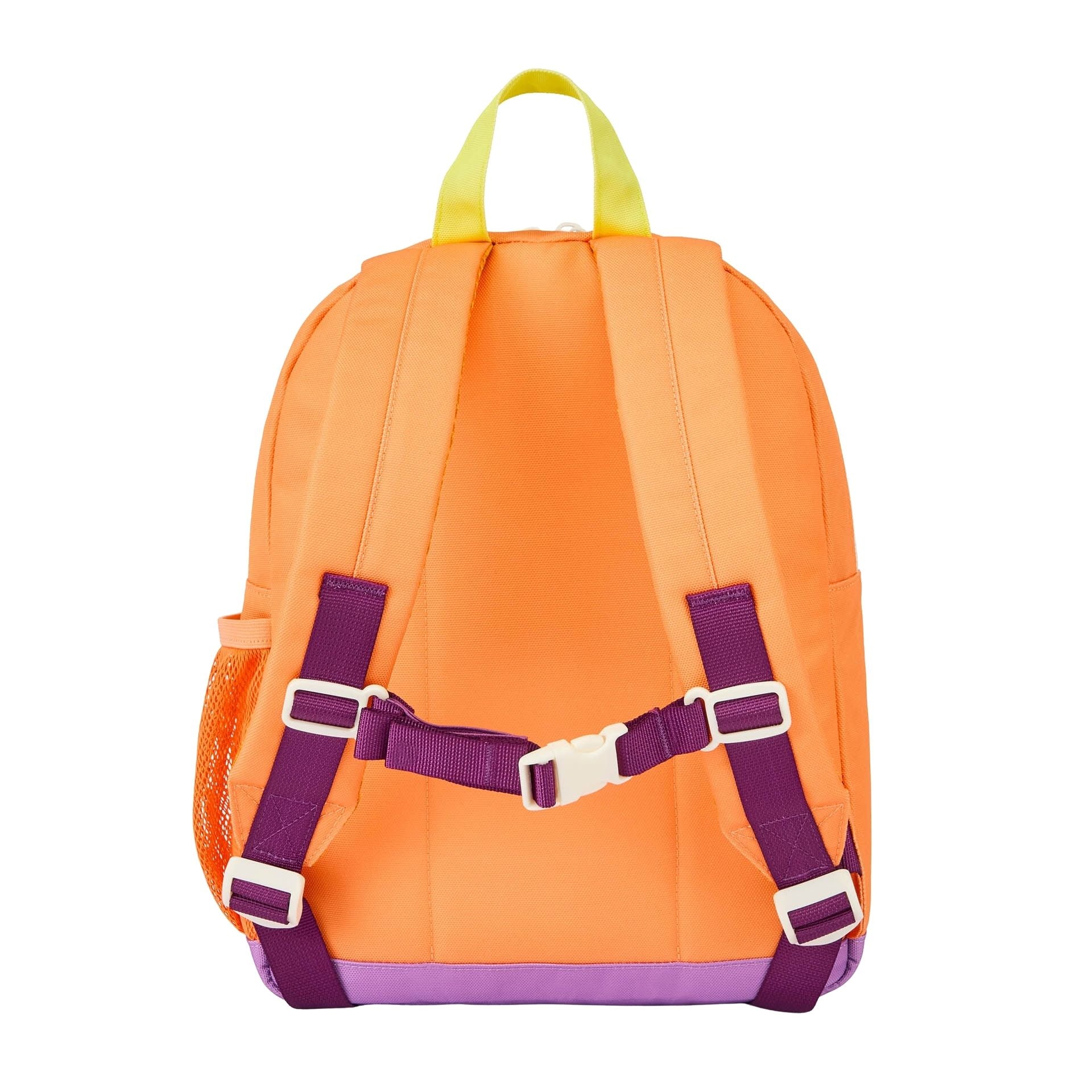 Mochila infantil naranja asas amarillas correas violetas Hello Hossy