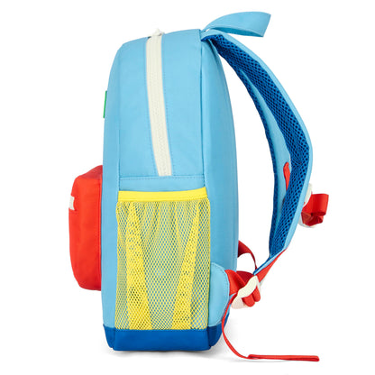 Mochila infantil azul bolsillo de malla amarillo detalle rojo Hello Hossy