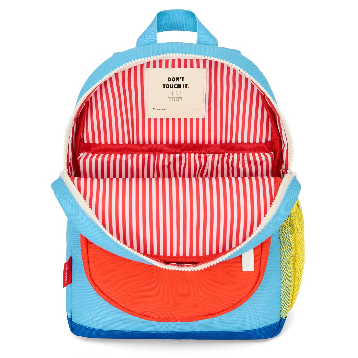 Mochila infantil azul bolsillo naranja interior a rayas rojo Hello Hossy