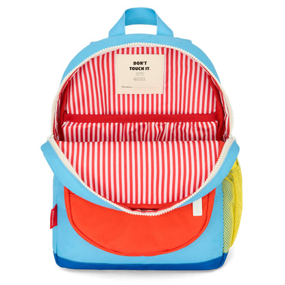 Mochila infantil azul bolsillo naranja interior a rayas rojo Hello Hossy