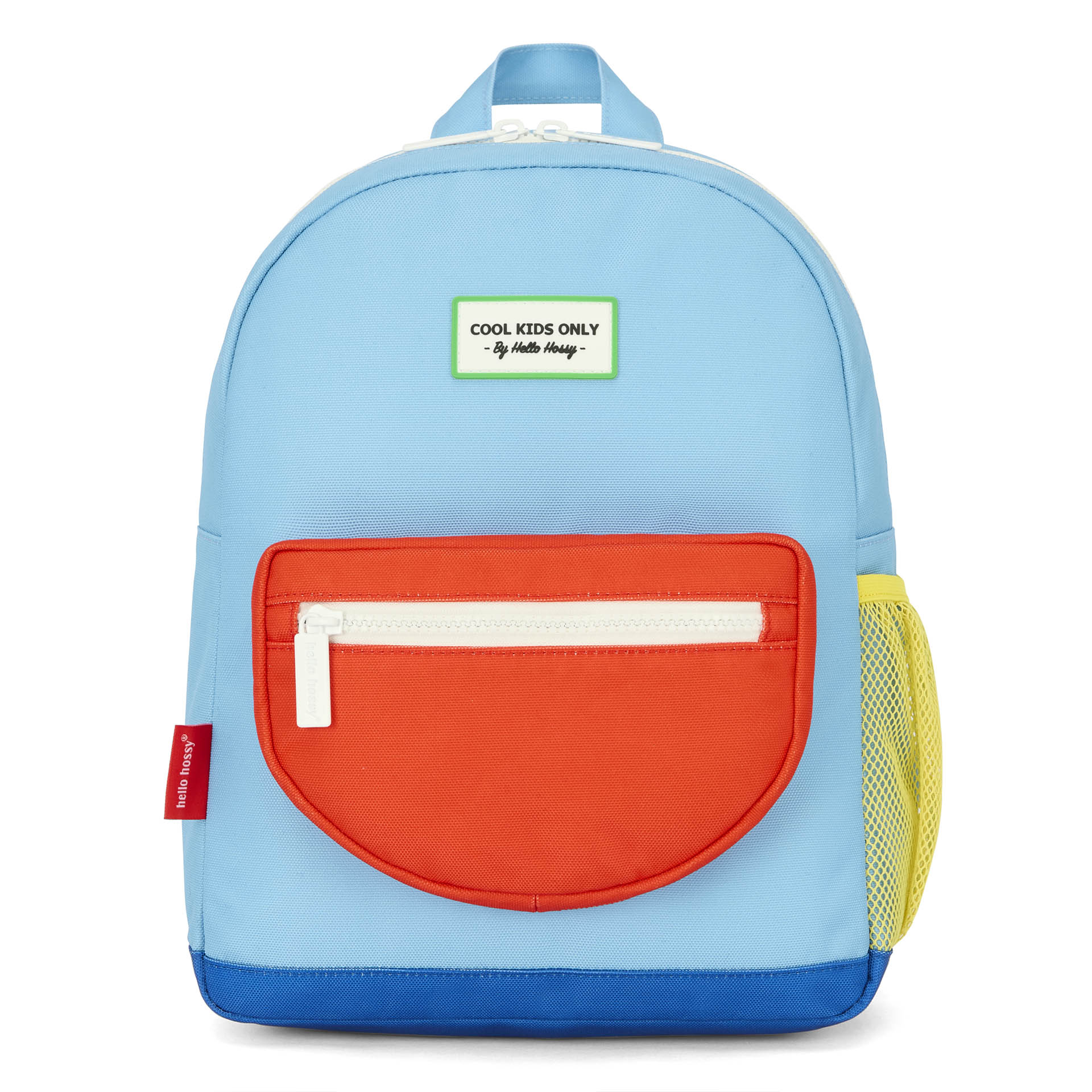 Mochila infantil azul bolsillo naranja malla amarillo Hello Hossy