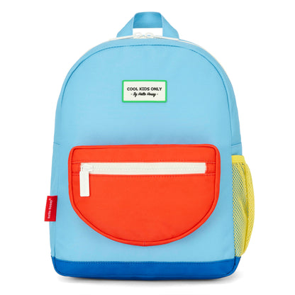 Mochila infantil azul bolsillo naranja malla amarillo Hello Hossy