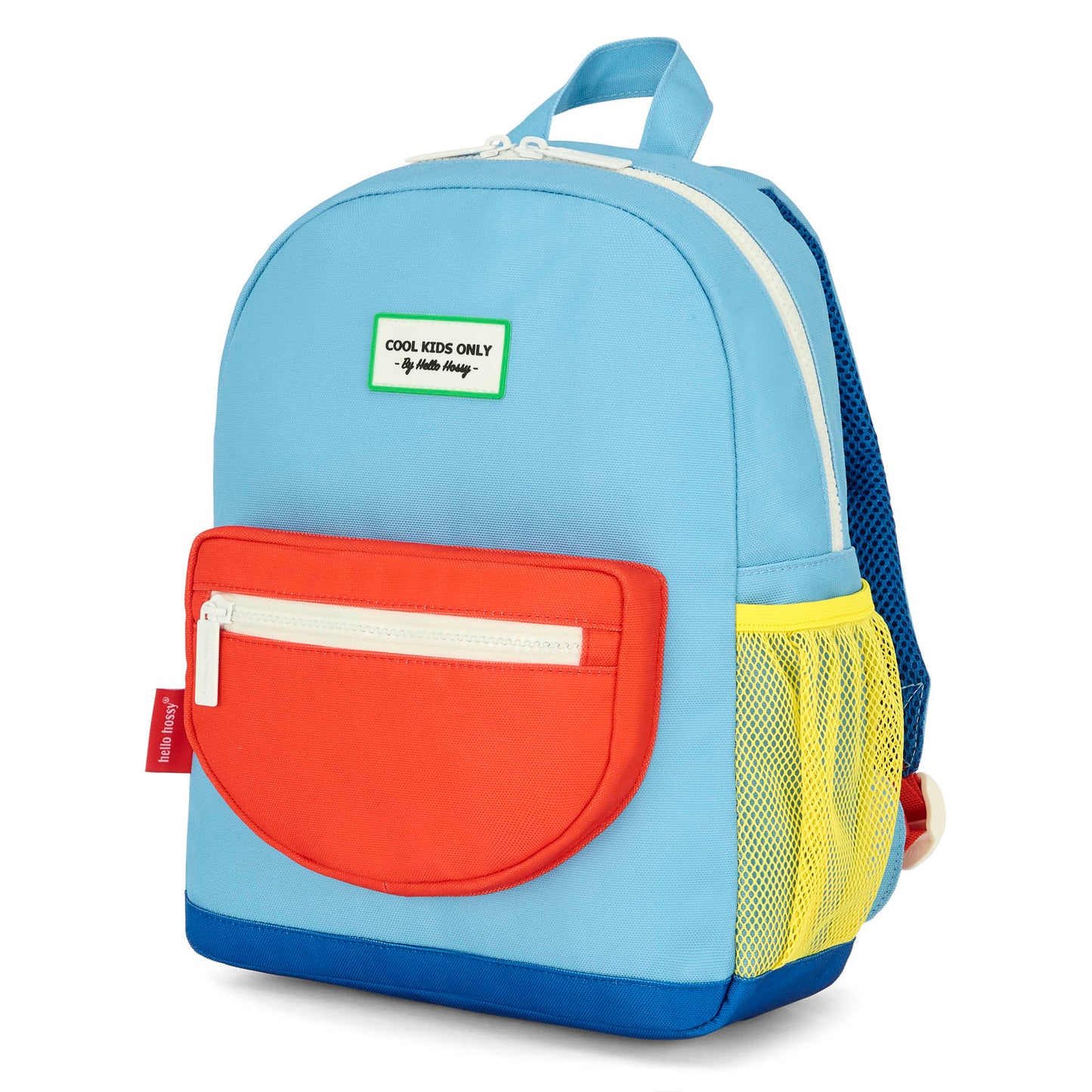 Mochila infantil azul bolsillo rojo malla amarilla Hello Hossy
