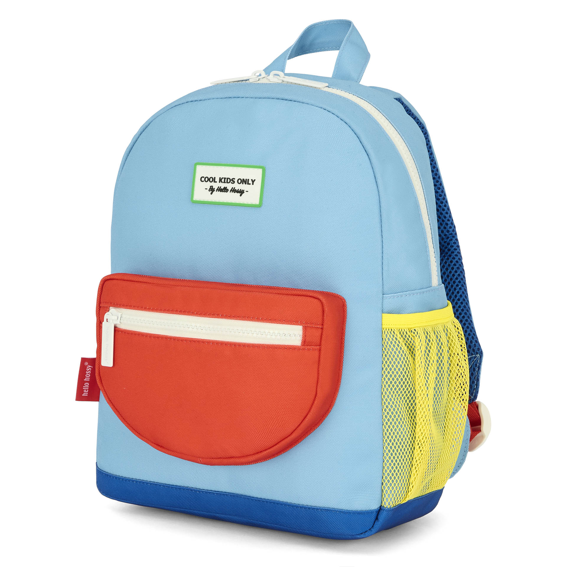 Mochila infantil azul bolsillo rojo malla amarilla Hello Hossy