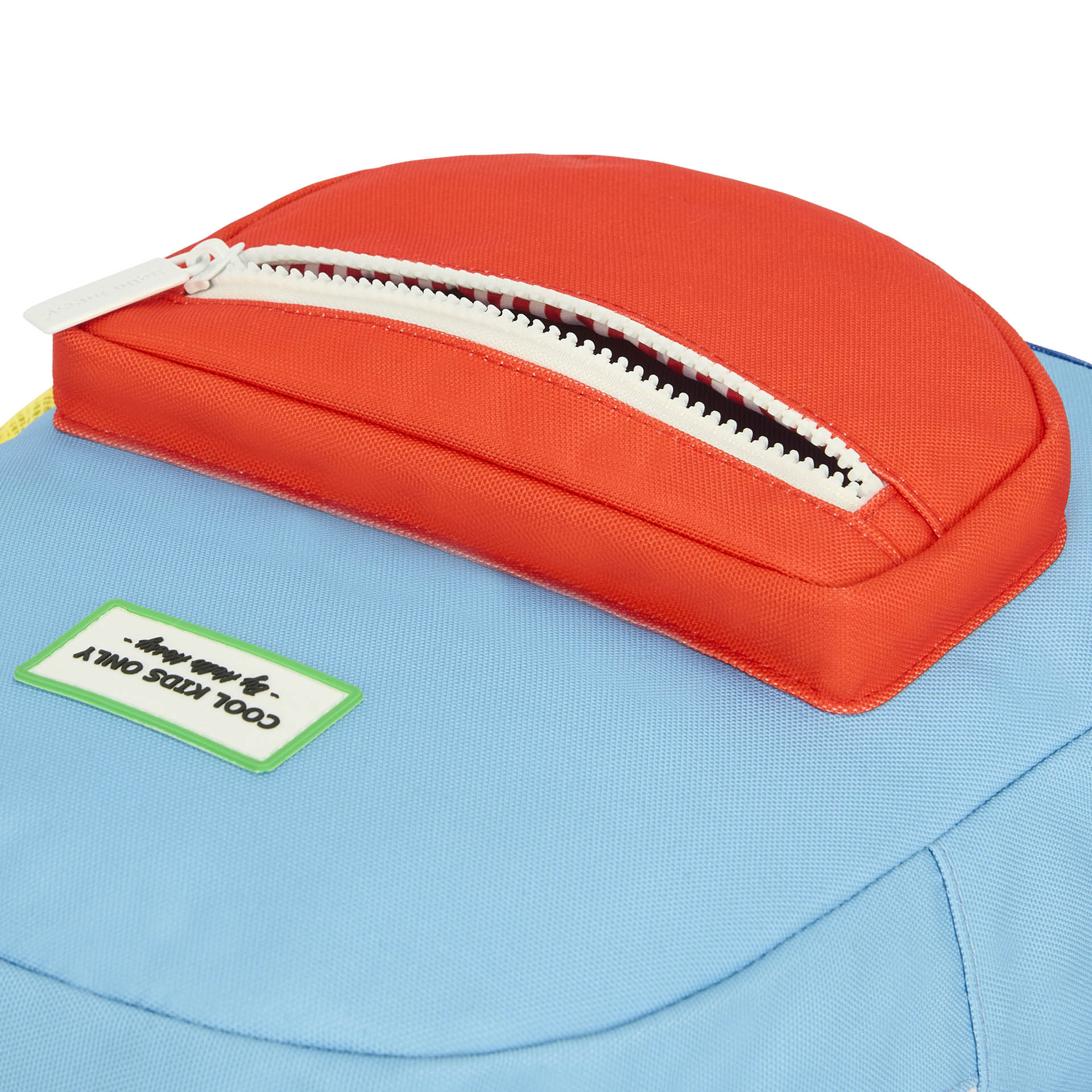 Mochila infantil azul bolsillo con cremallera rojo Hello Hossy
