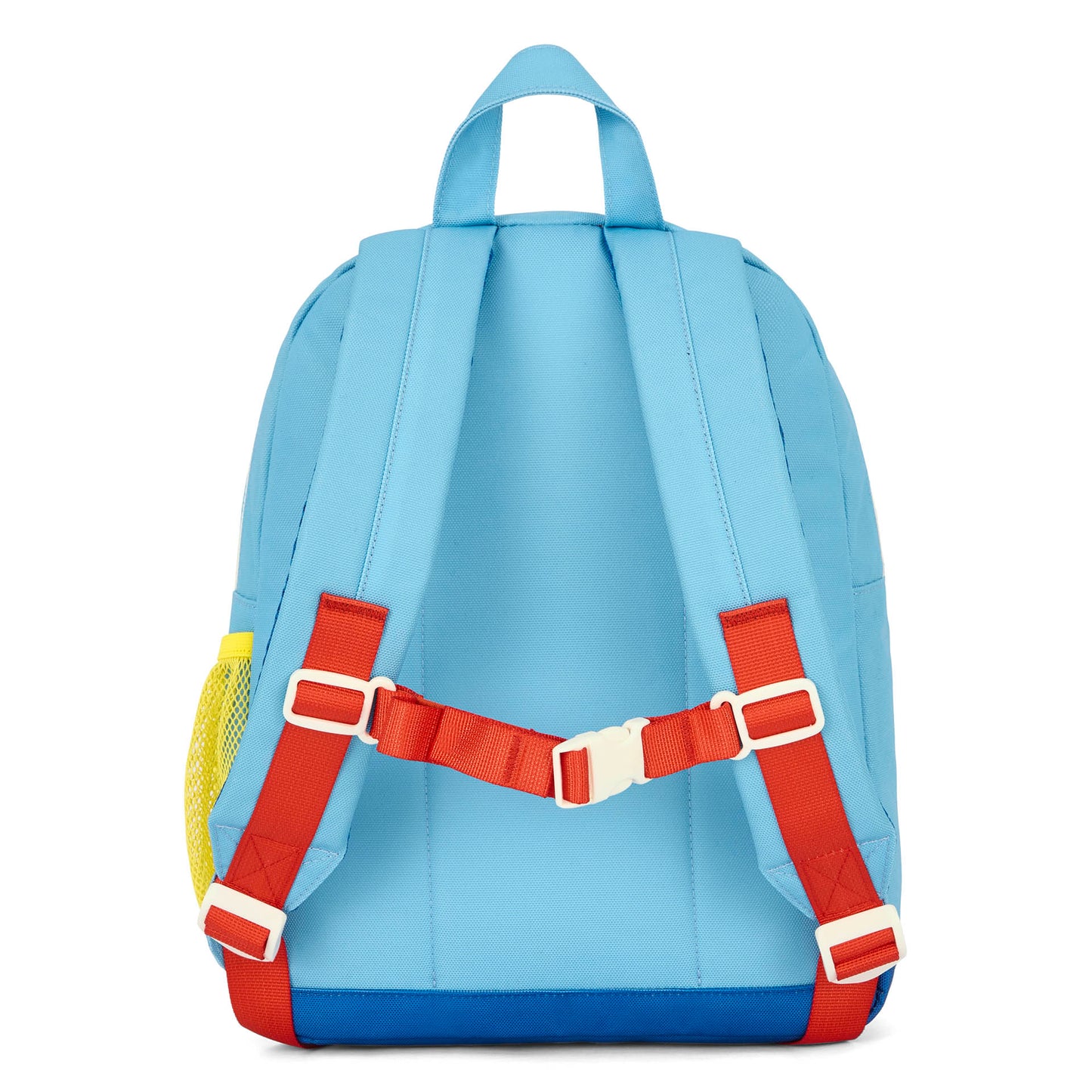 Mochila infantil azul tirantes rojos bolsillo de red amarillo Hello Hossy