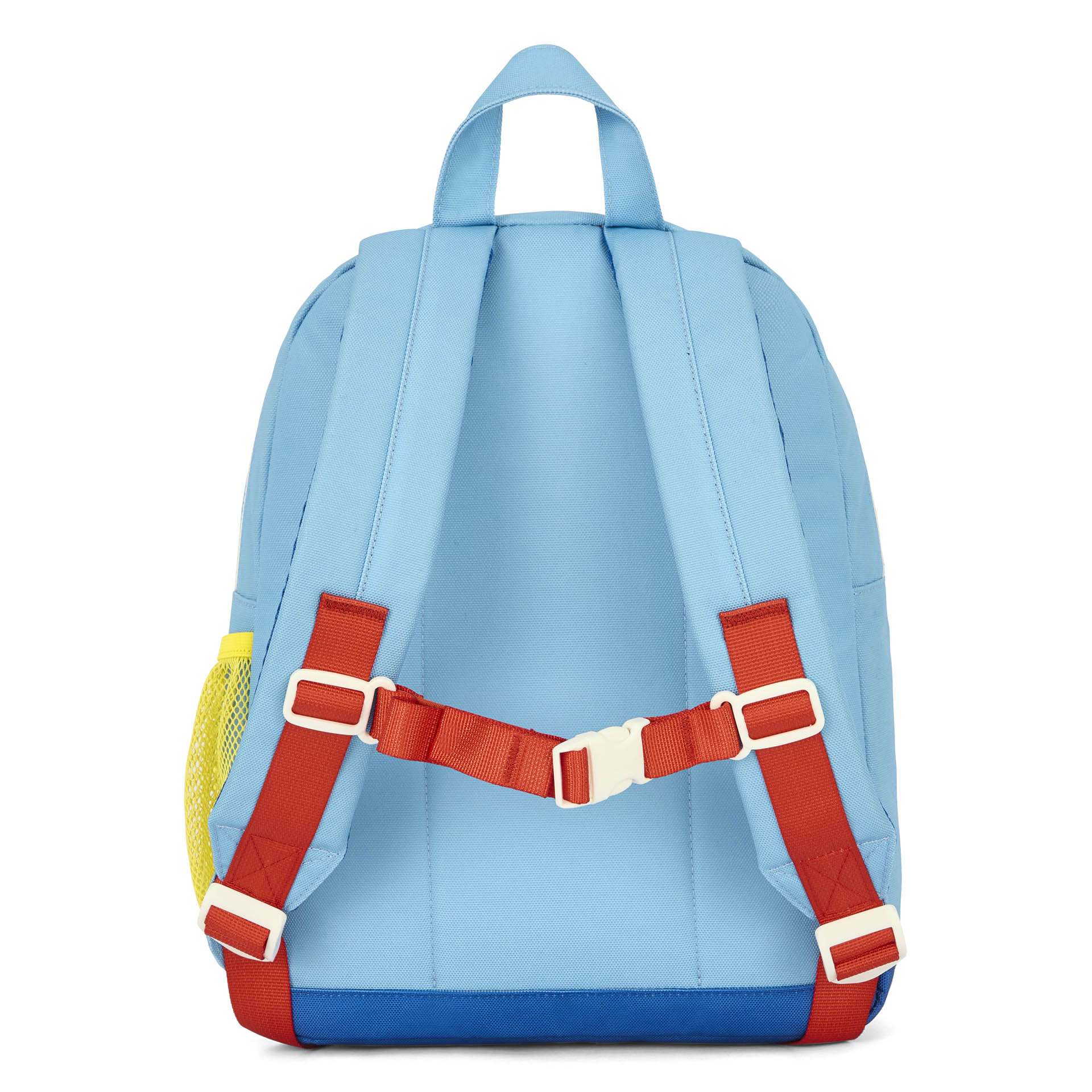 Mochila infantil azul tirantes rojos bolsillo de red amarillo Hello Hossy