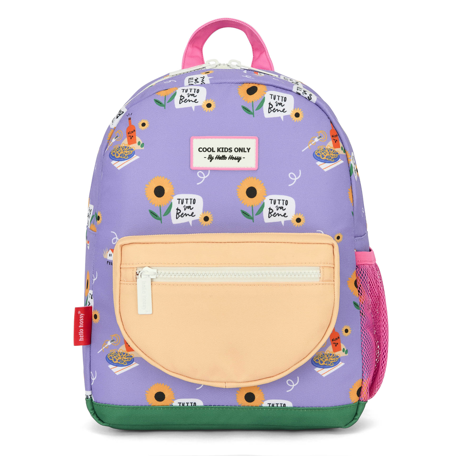 Sac à dos enfant violet imprimé fleurs jaune poche beige Hello Hossy